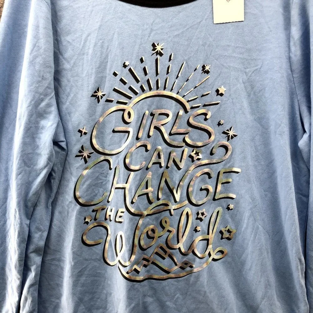 NWT Justice Girls‎ Size 12 Long Sleeve T Shirt Blue Girls Can Change The World